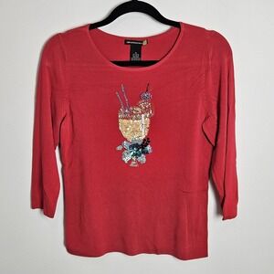 Sweaterworks Women's Size M Embellished Top Beaded Cocktail Tropical Red‎ Blouse